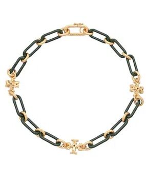 Tory Burch Roxanne Double-T Station Necklace Dark Green and Gold Links